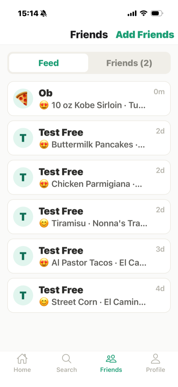 FoodFavs friends activity feed showing dishes friends have loved